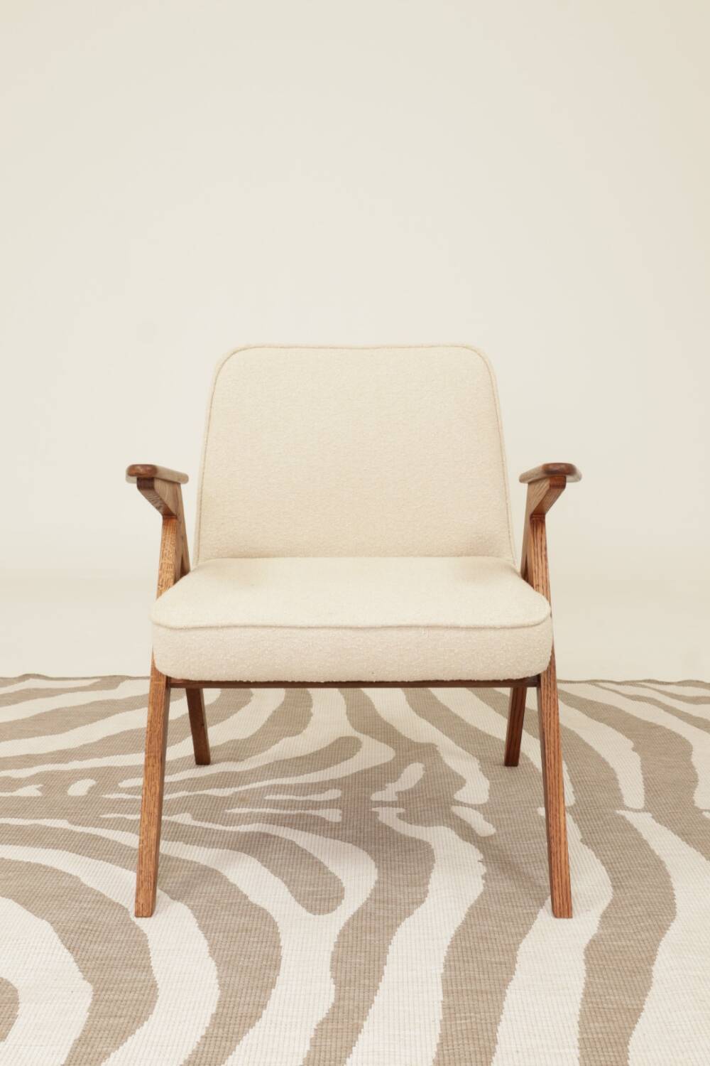 Scandinavian beige boucle armchair modern design rustic oak