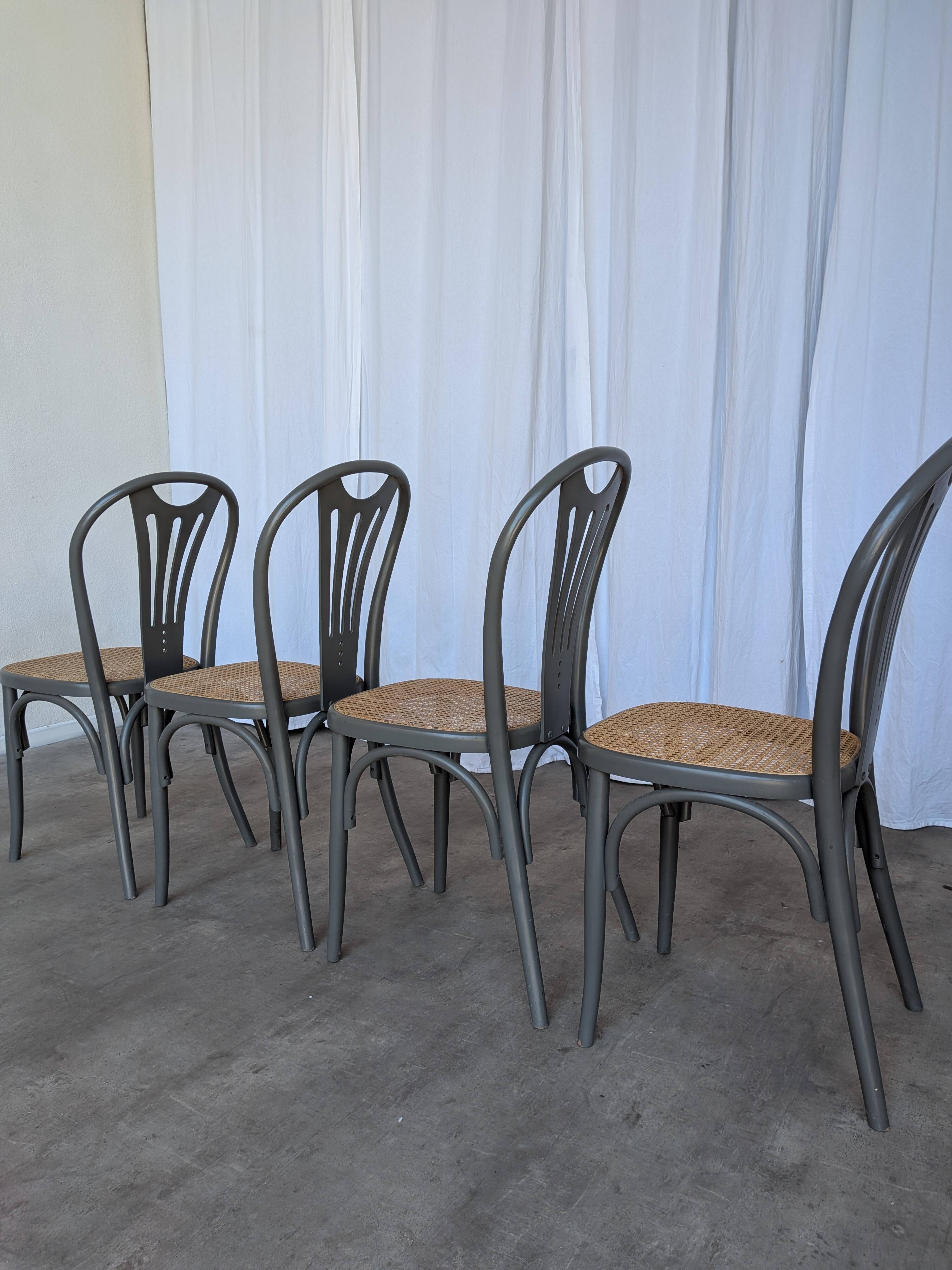 Set of 4 Vintage Gray Thonet Style Dining Chairs with Cane Seat