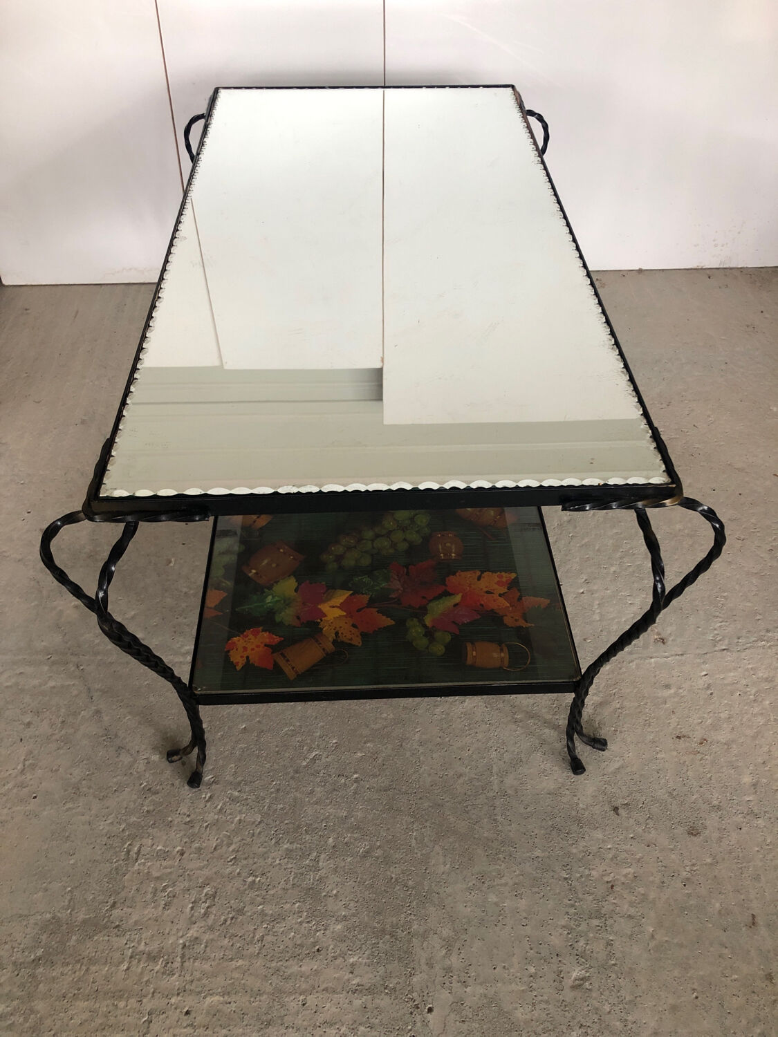 Vintage wrought iron coffee table with mirror and glass top