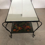 Table basse en fer forgé plateau miroir et verre Vintage