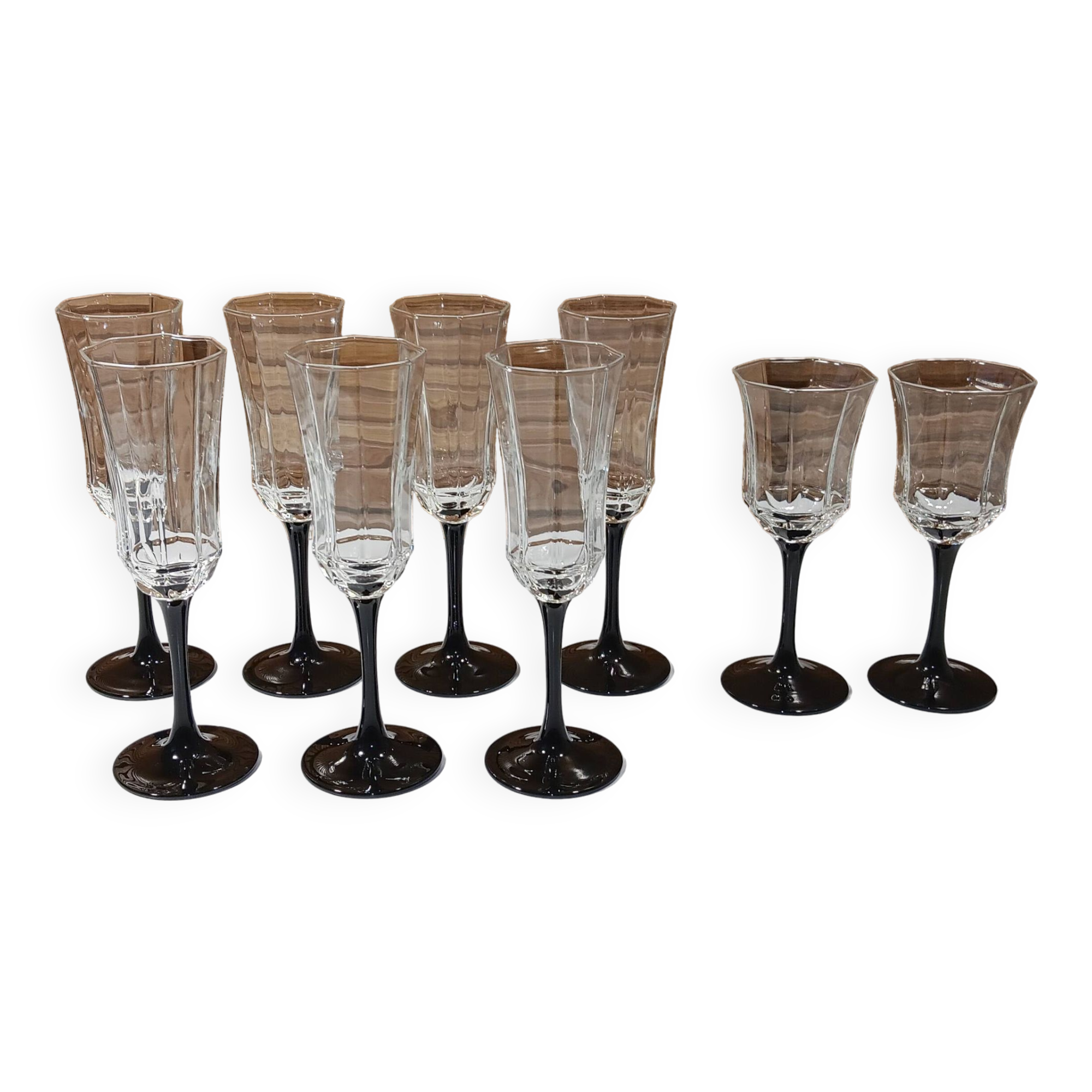 7 flutes and 2 octagonal-shaped wine glasses, Arcoroc Luminarc France