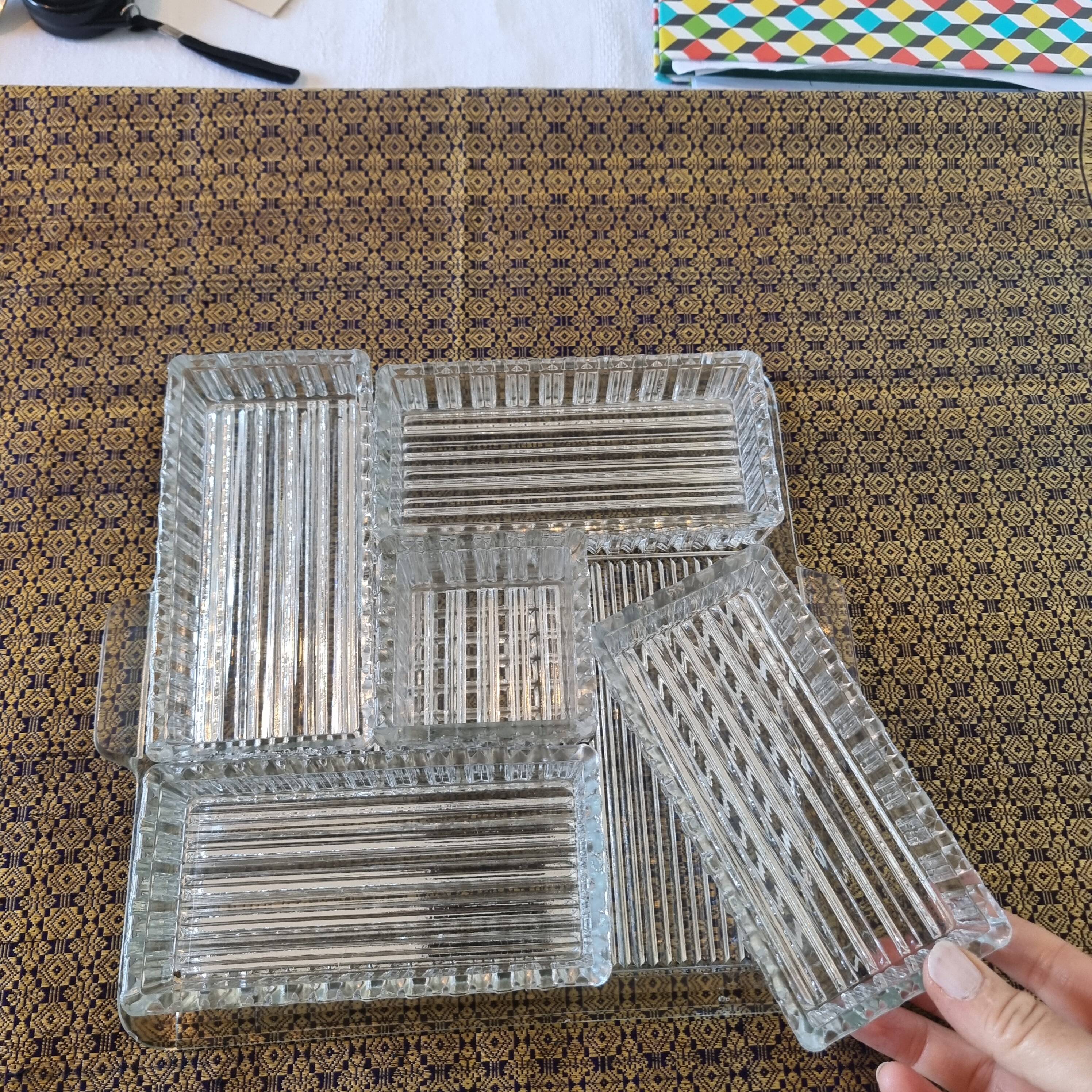 Large 6-piece aperitif tray in French molded rock crystal from the 50s and 60s