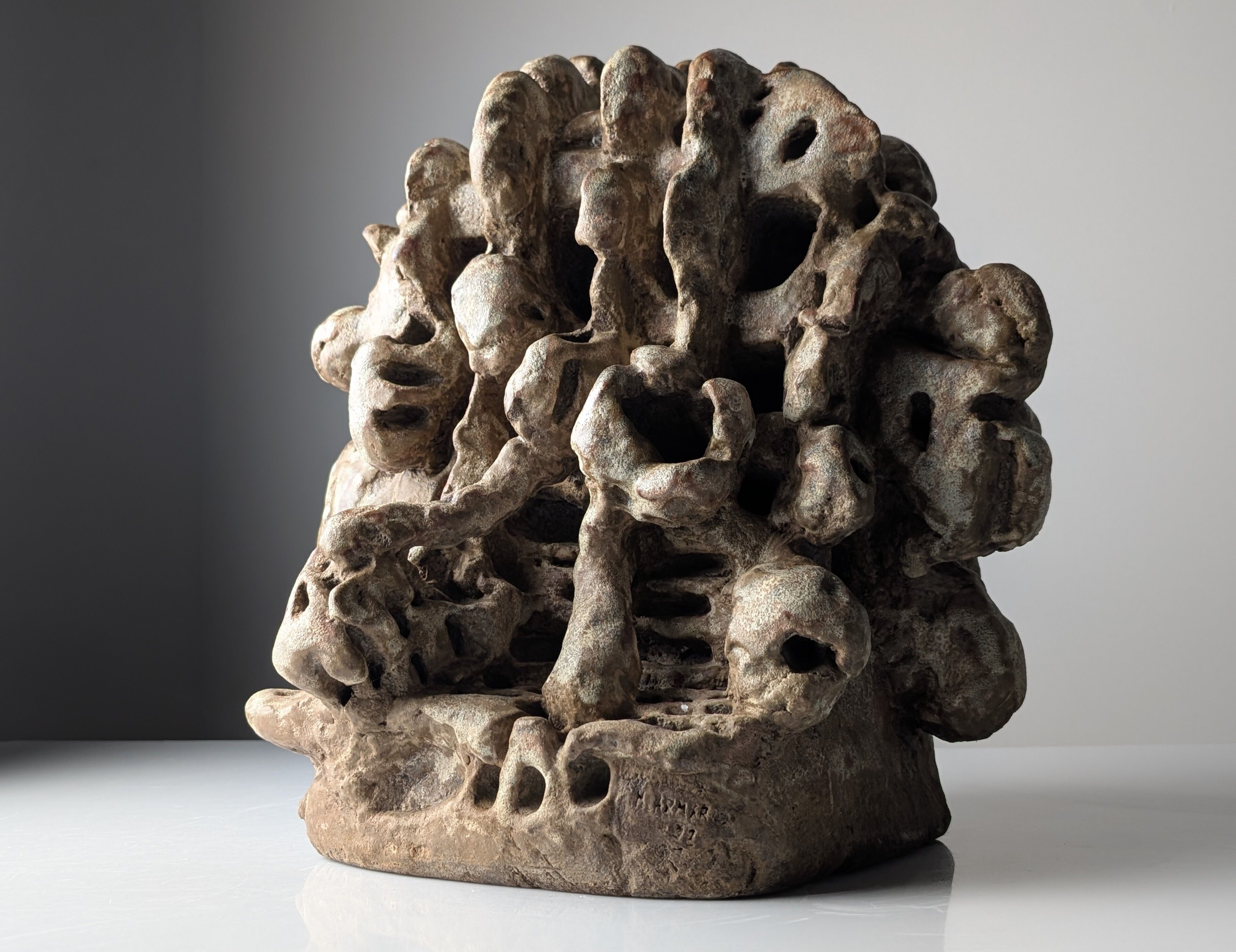 Large organic glazed stoneware sculpture with coral shapes, signed, 2002