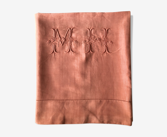 Drap ancien en pur lin lavé teinté en corail