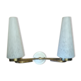 Double wall sconce in brass, porcelain and speckled glass 1950