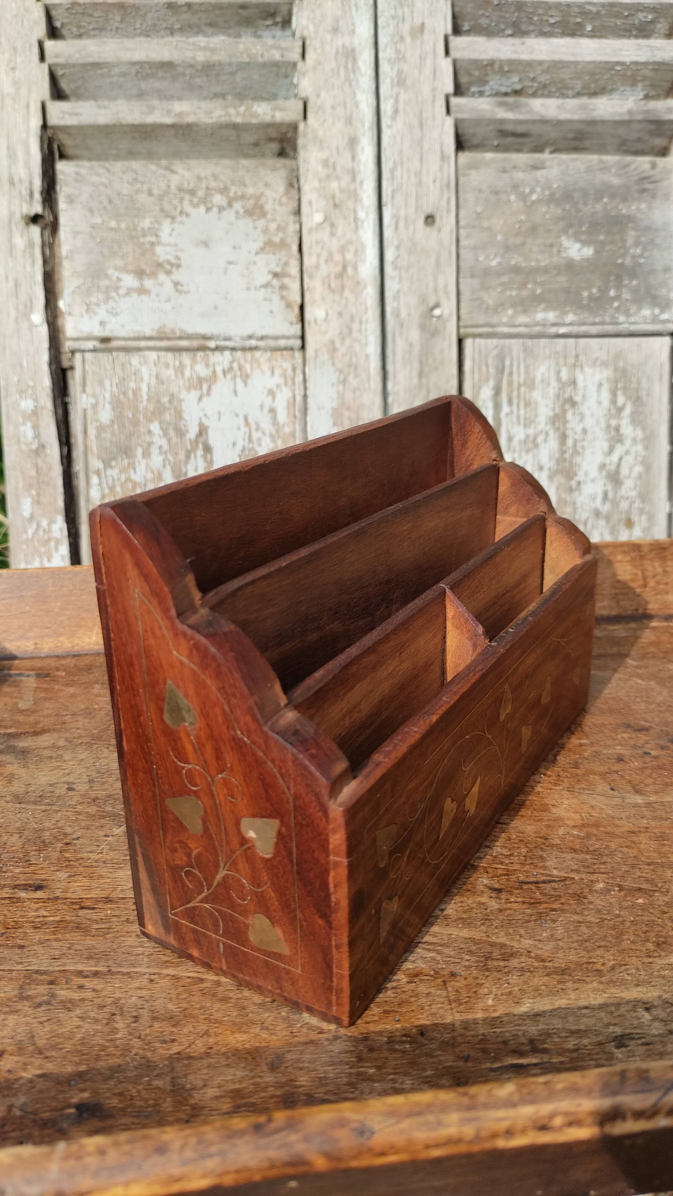 Vintage rosewood and brass mail holder