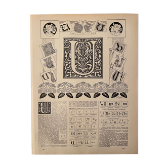 Lithographie gravure alphabet lettre U de 1897