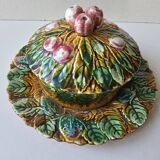Old ceramic jam jar, slip with cherry fruit motif
