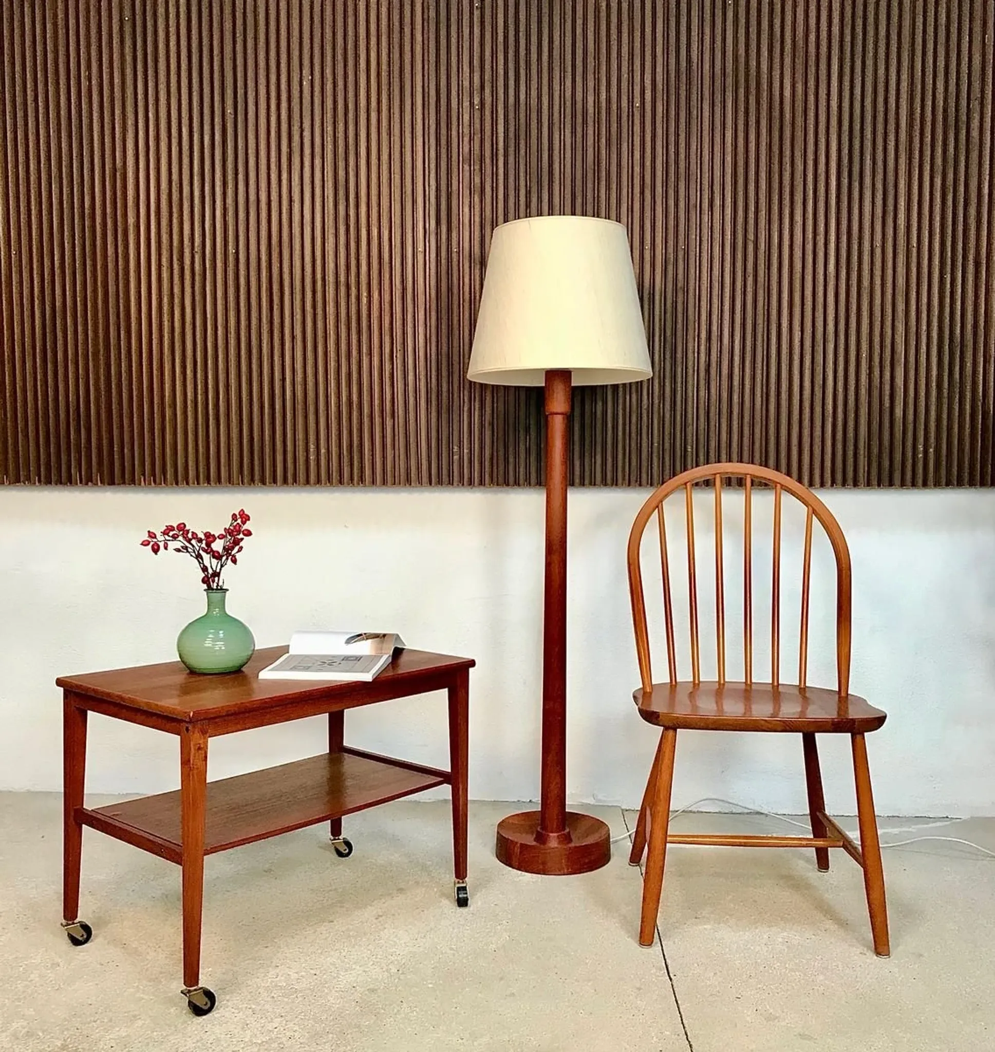 Teak Floor Lamp with Lampshade in Wild Silk, Denmark 1960s
