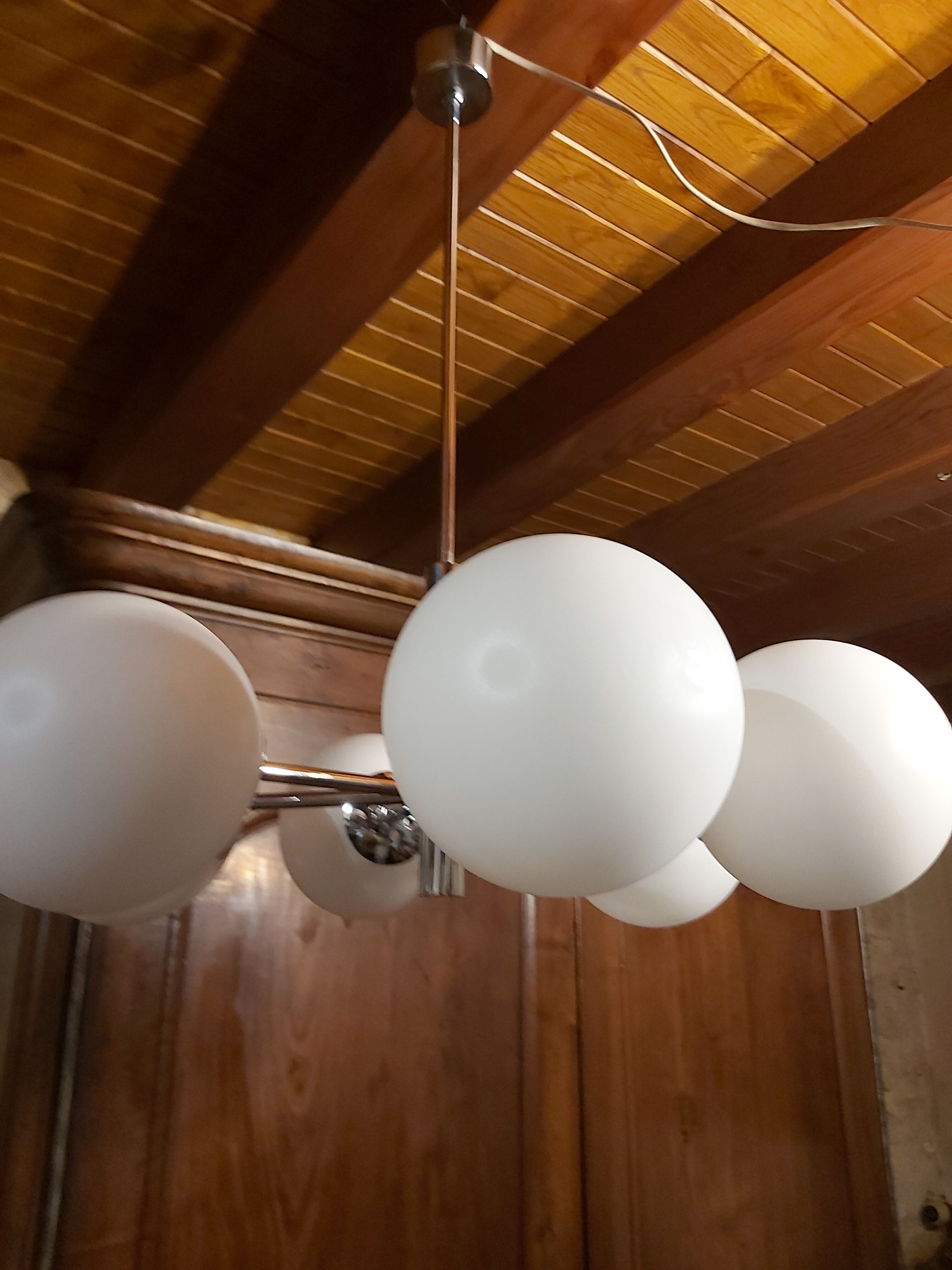 Chrome Sputnik chandelier and white frosted glass globes