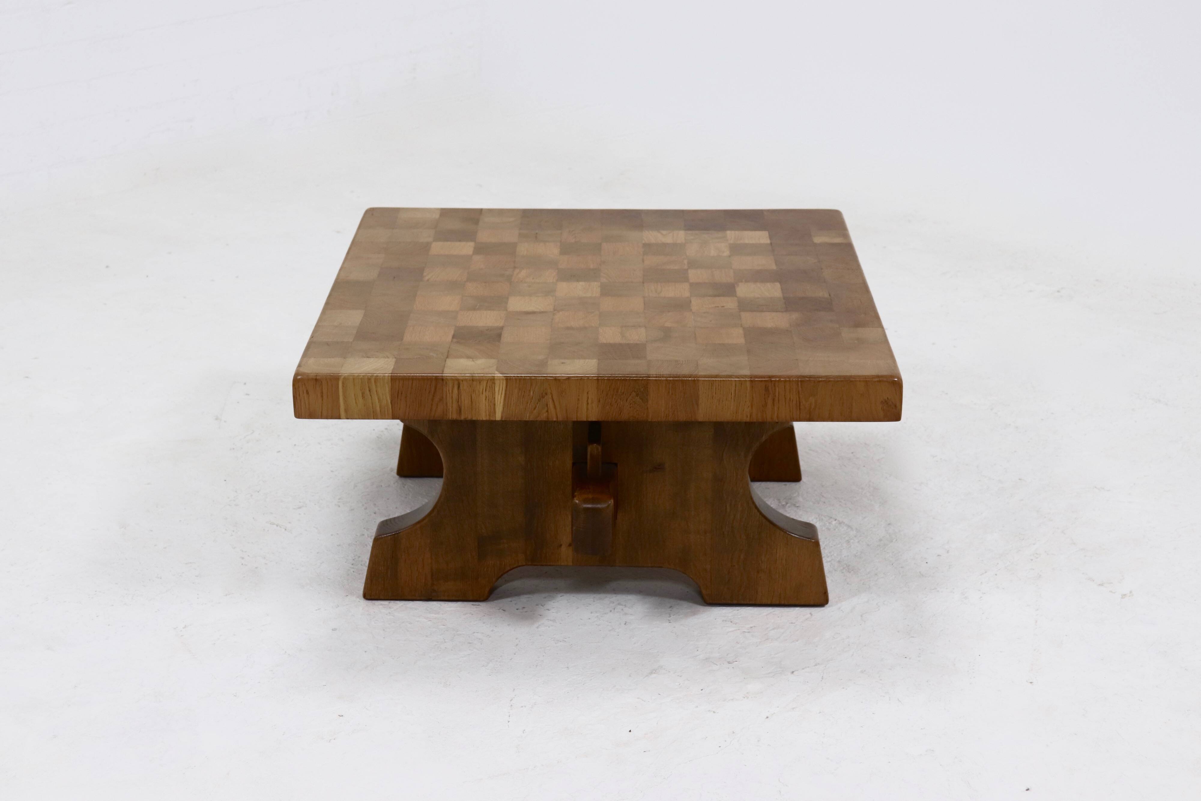 Brutalist Solid Blonde Oak Checkered Coffee Table 1970s