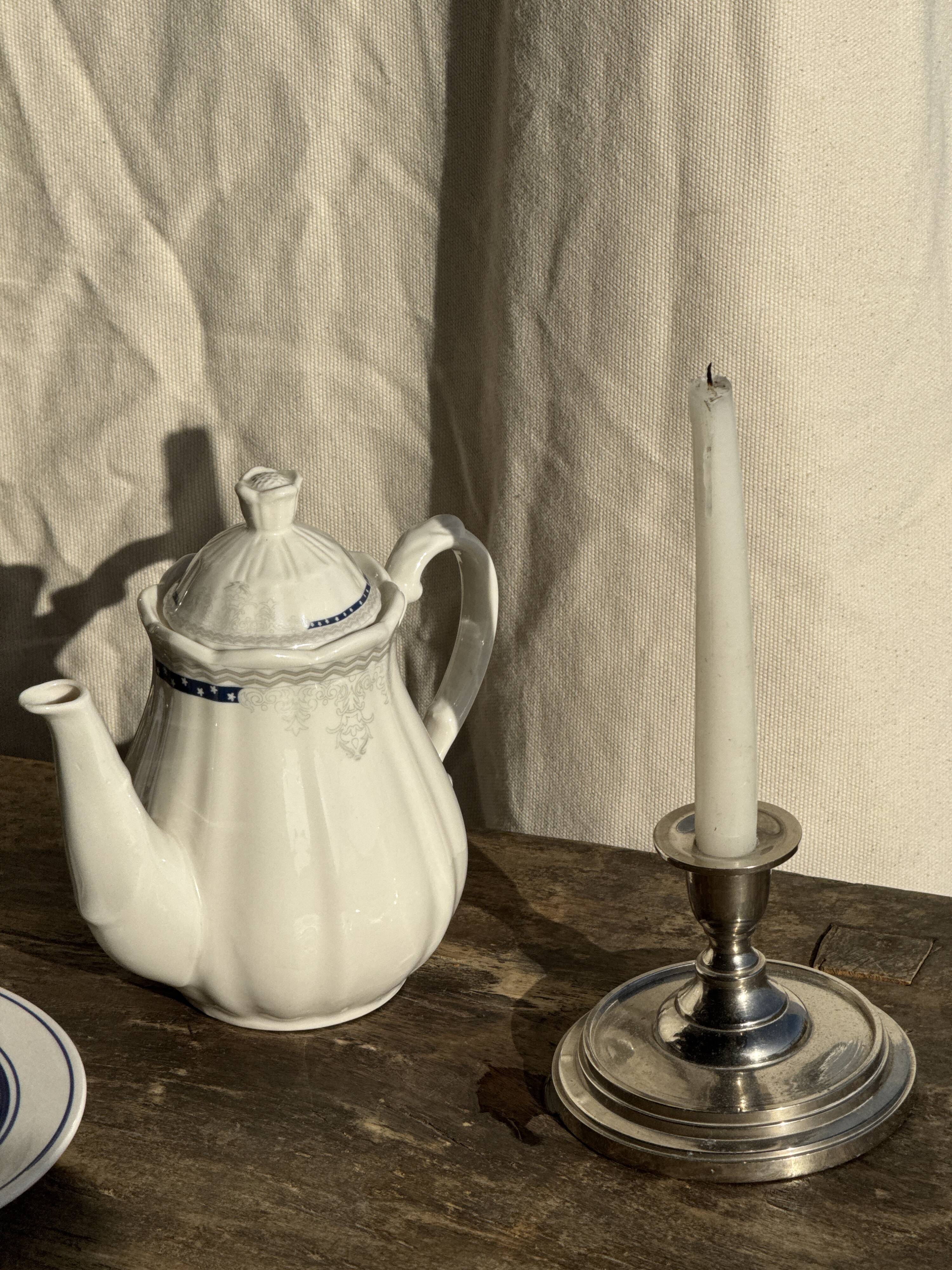 White earthenware teapot with blue and silver trim H22.5