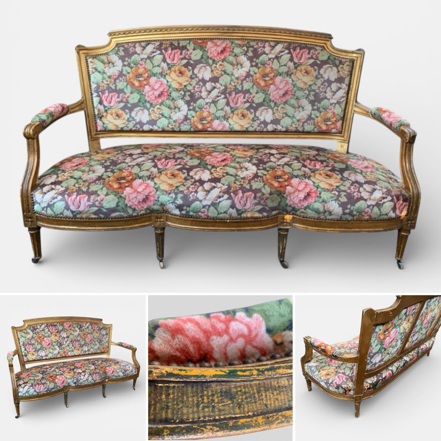 19th-century floral velvet bench