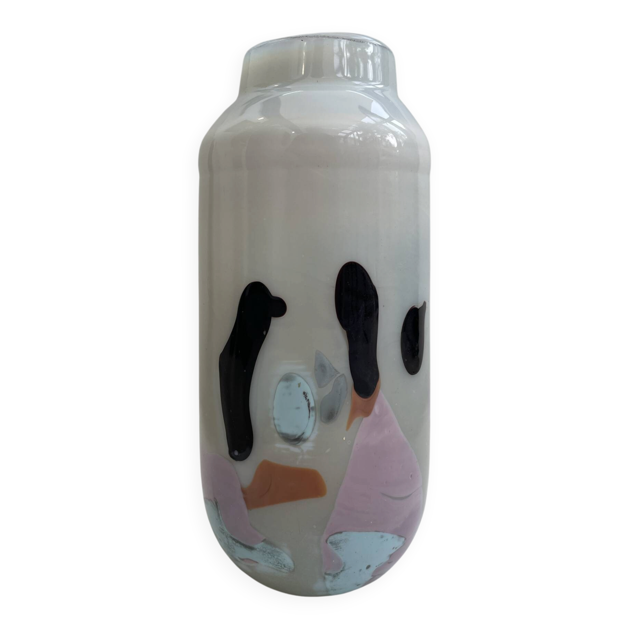 Blown opaline glass vase with coloured inclusions