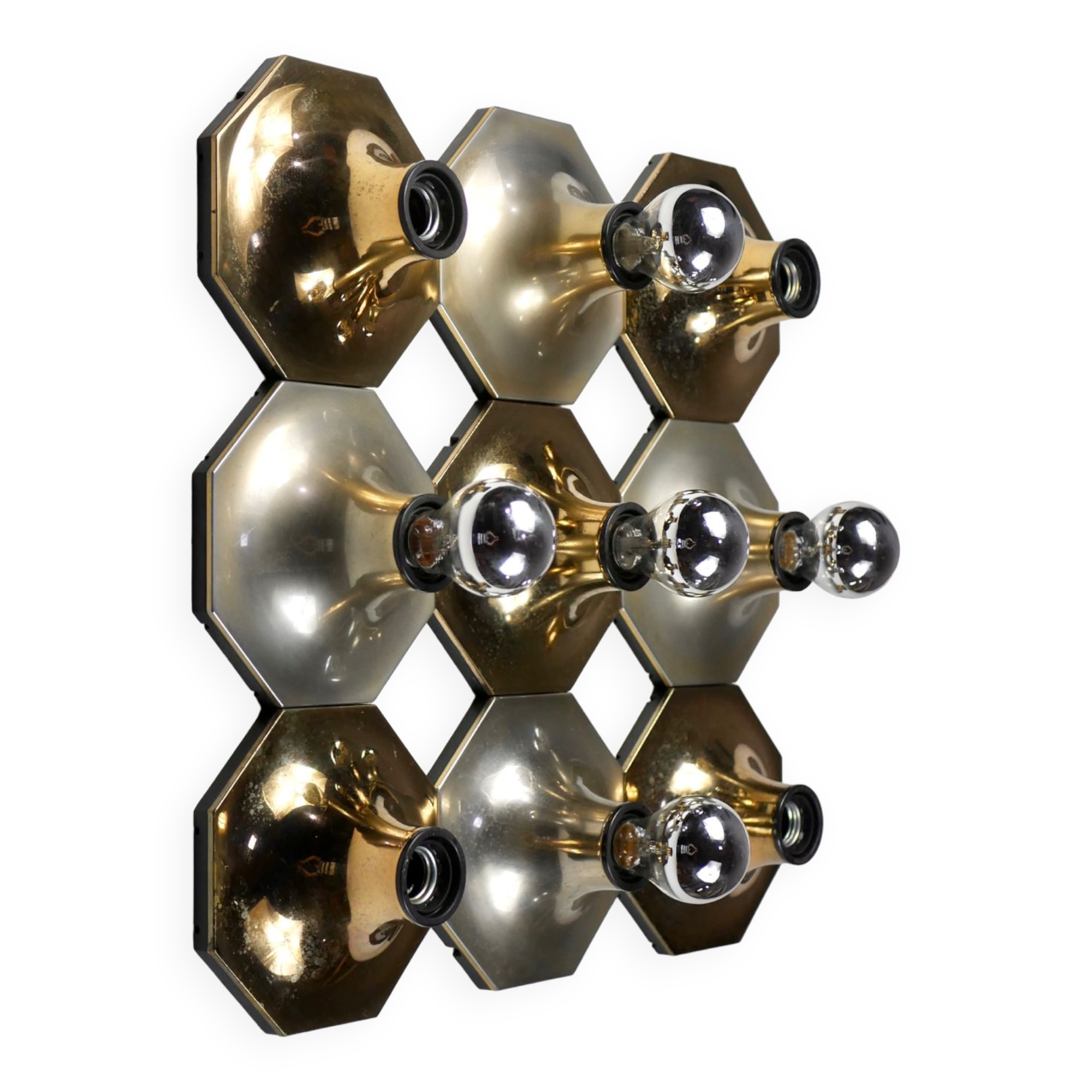 Suite of 11 octagonal brass wall lamps by Motoko Ishii