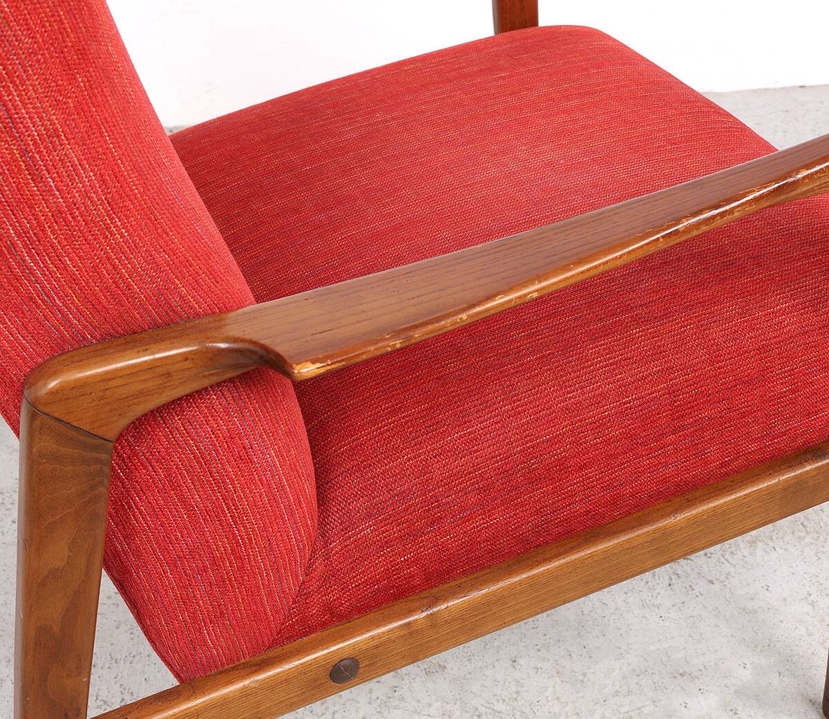Danish vintage design wooden armchairs with coral fabric, 1950s