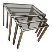 Série de 3 tables gigognes vintage – Métal chromé & verre fumé
