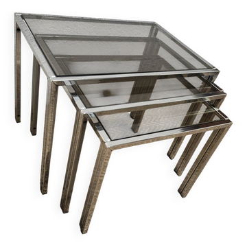 Set of 3 vintage nesting tables – Chrome metal & smoked glass
