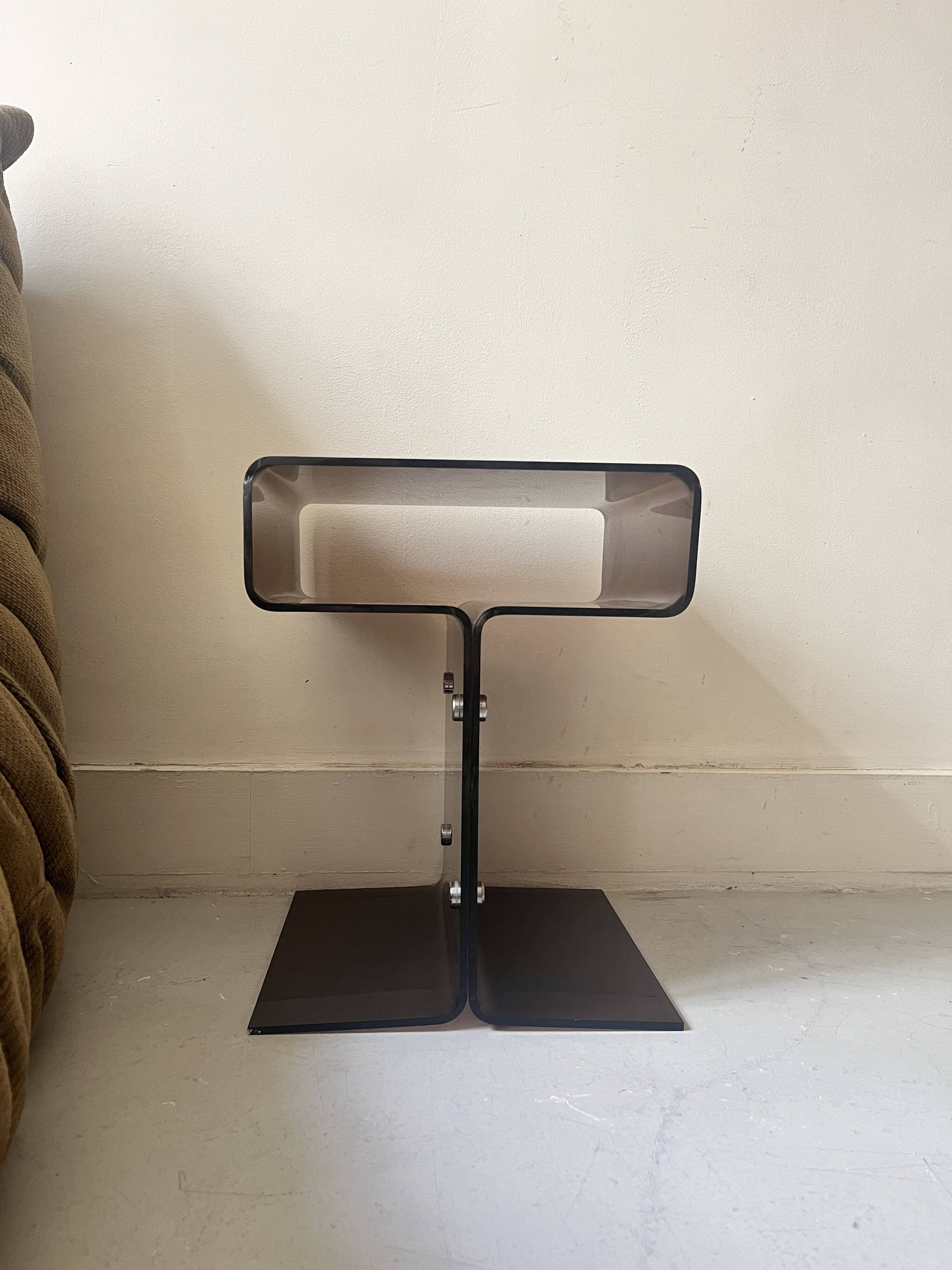 Smoked plexiglass side table/bedside table, M. Dumas for Roche Bobois 1970