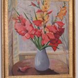 Original Swedish oil on canvas – “Flowers” by Gunnar Larsson – vintage & framed – 58 × 68 cm