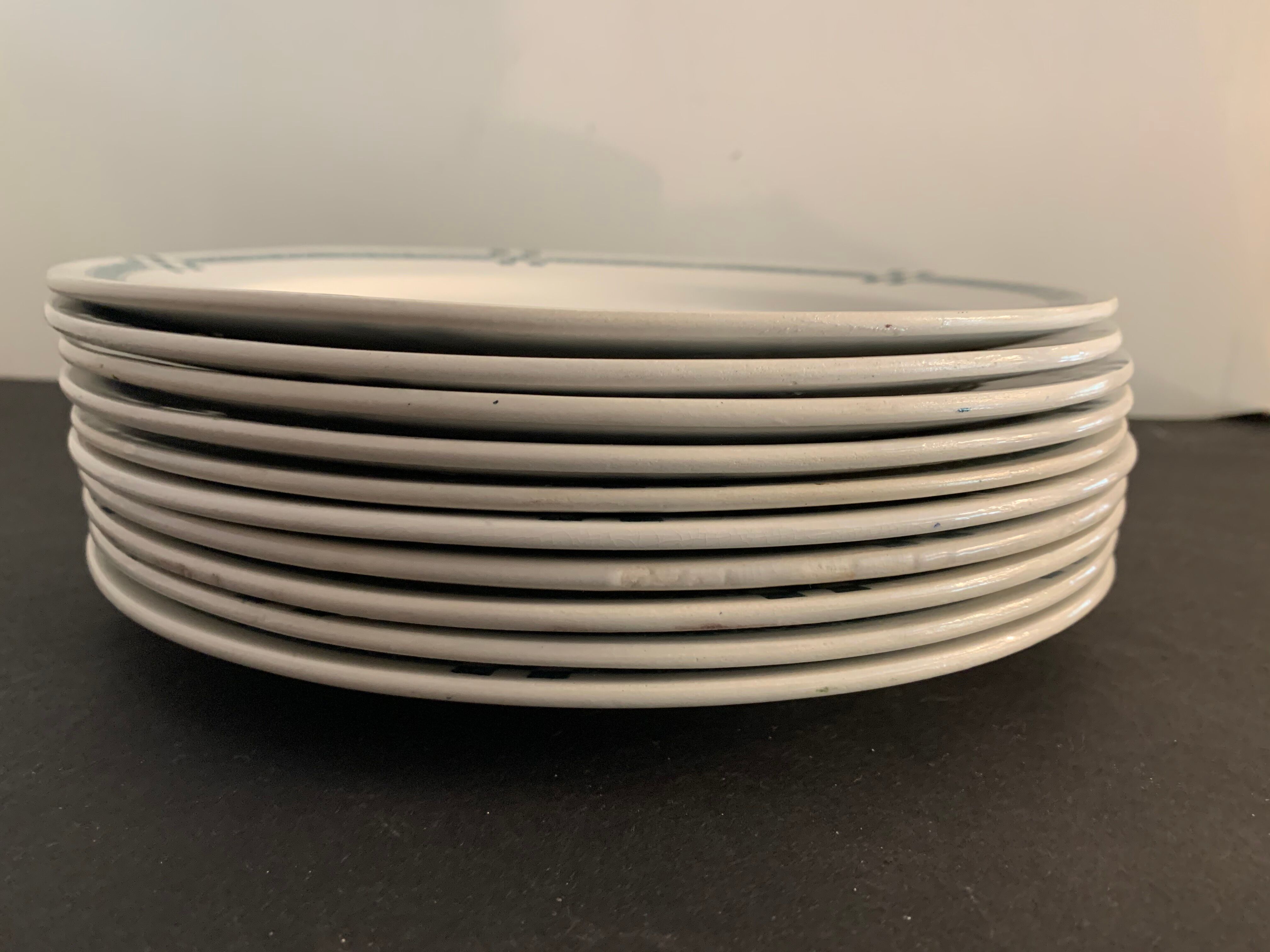 10 flat plates art deco Creil and Montereau model Nancy blue green gray