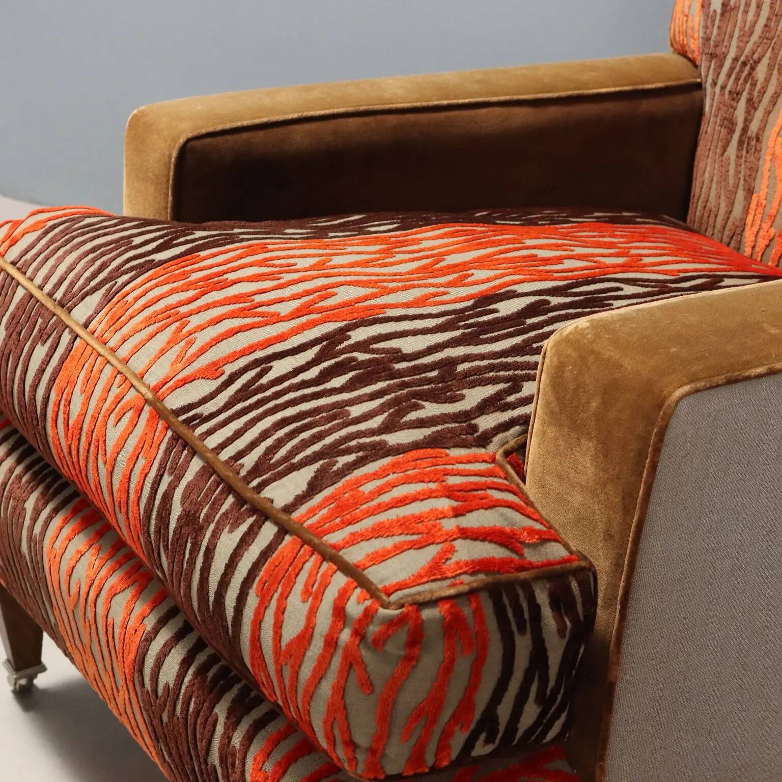 Pair of antique armchairs with velvet and fabric poufs, Italy, 20th century