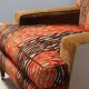 Pair of antique armchairs with velvet and fabric poufs, Italy, 20th century