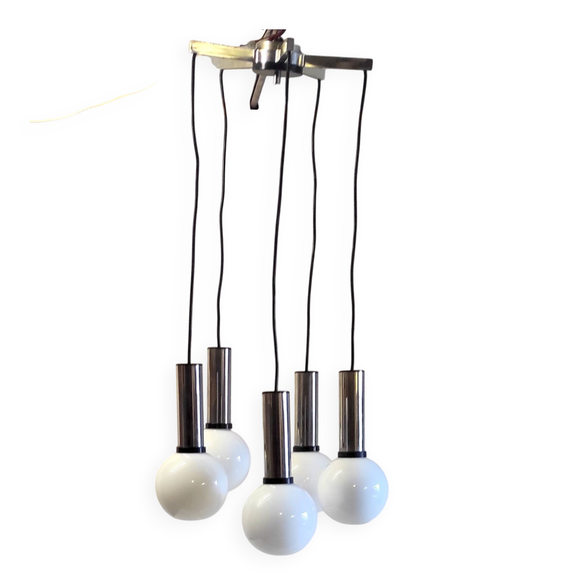 Cascade suspension with 5 chrome metal lights and opaline globes - 1970s