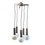 Cascade suspension with 5 chrome metal lights and opaline globes - 1970s