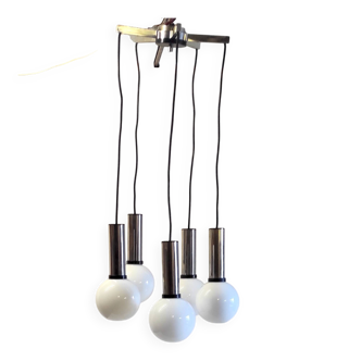 Cascade suspension with 5 chrome metal lights and opaline globes - 1970s