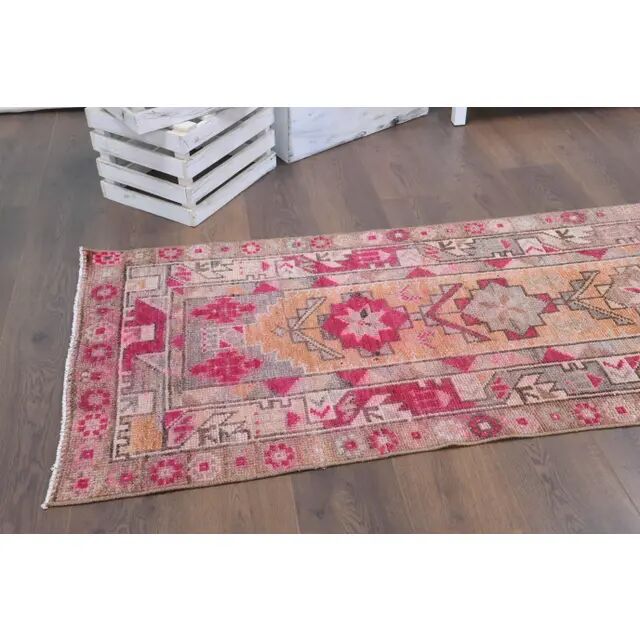 1970s Turkish Hand-Knotted Wool Cotton Pink Runner 78x367