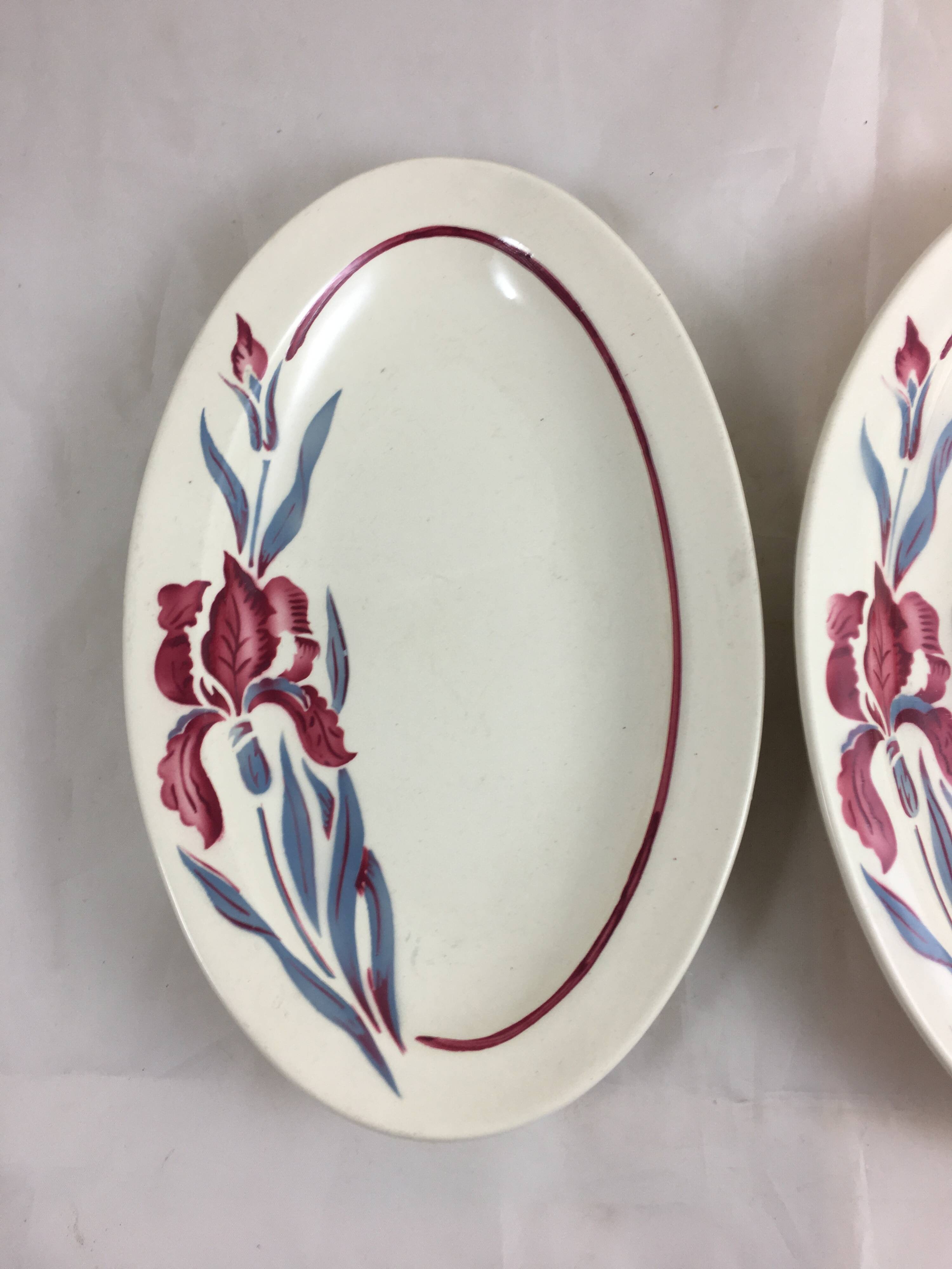 Ramekin x 2 Oval dish Old Model Iris Fleurs French manufacture signed Sarreguemines