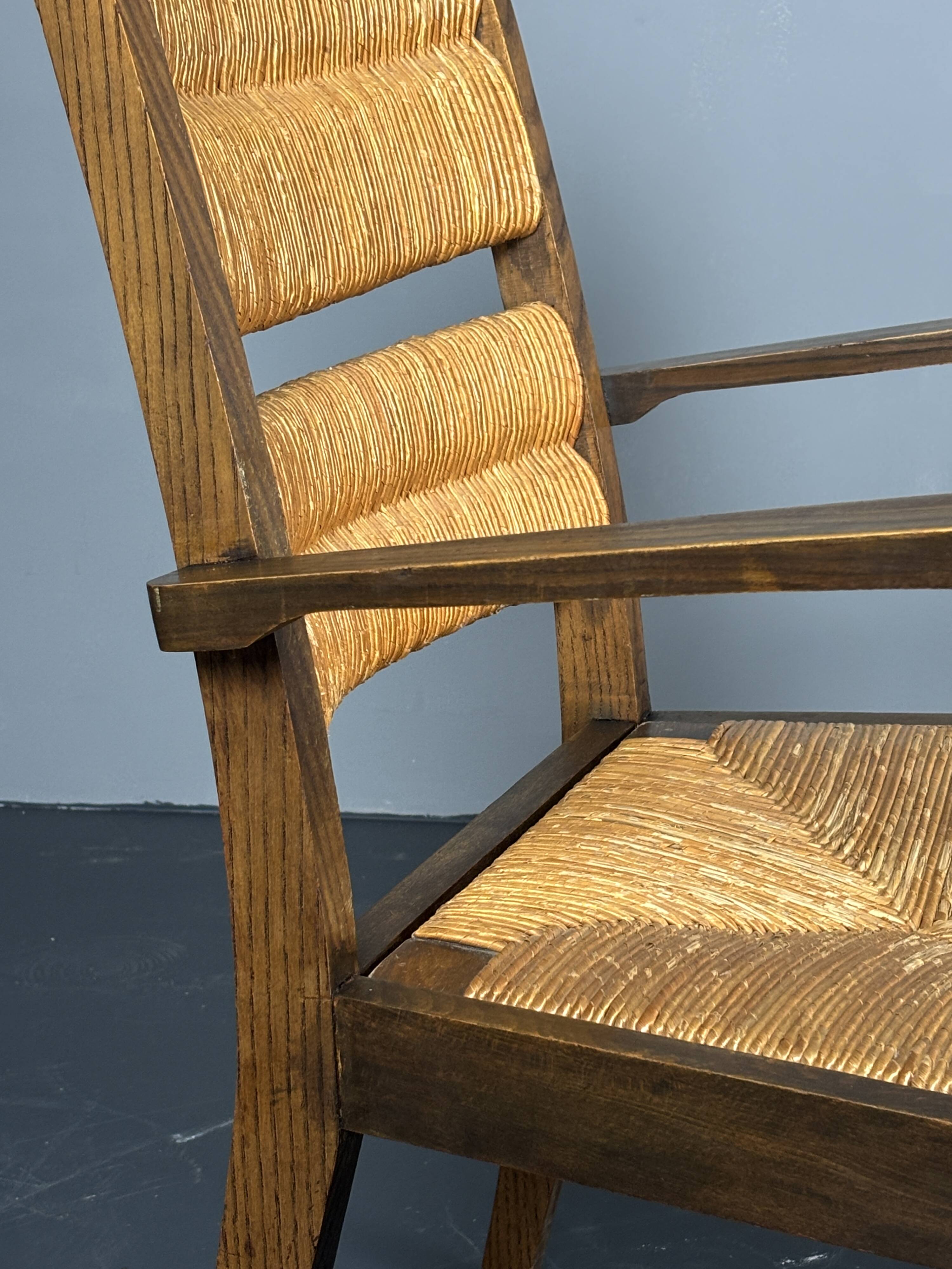 Wood turned rush armchair in the stye of Charles Dudouyt, France 1950s