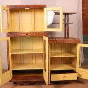 Antique Art Deco display cabinet in Burmese teak with original yellow patina interior.