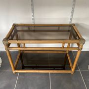 Vintage rattan and glass TV storage unit 1950