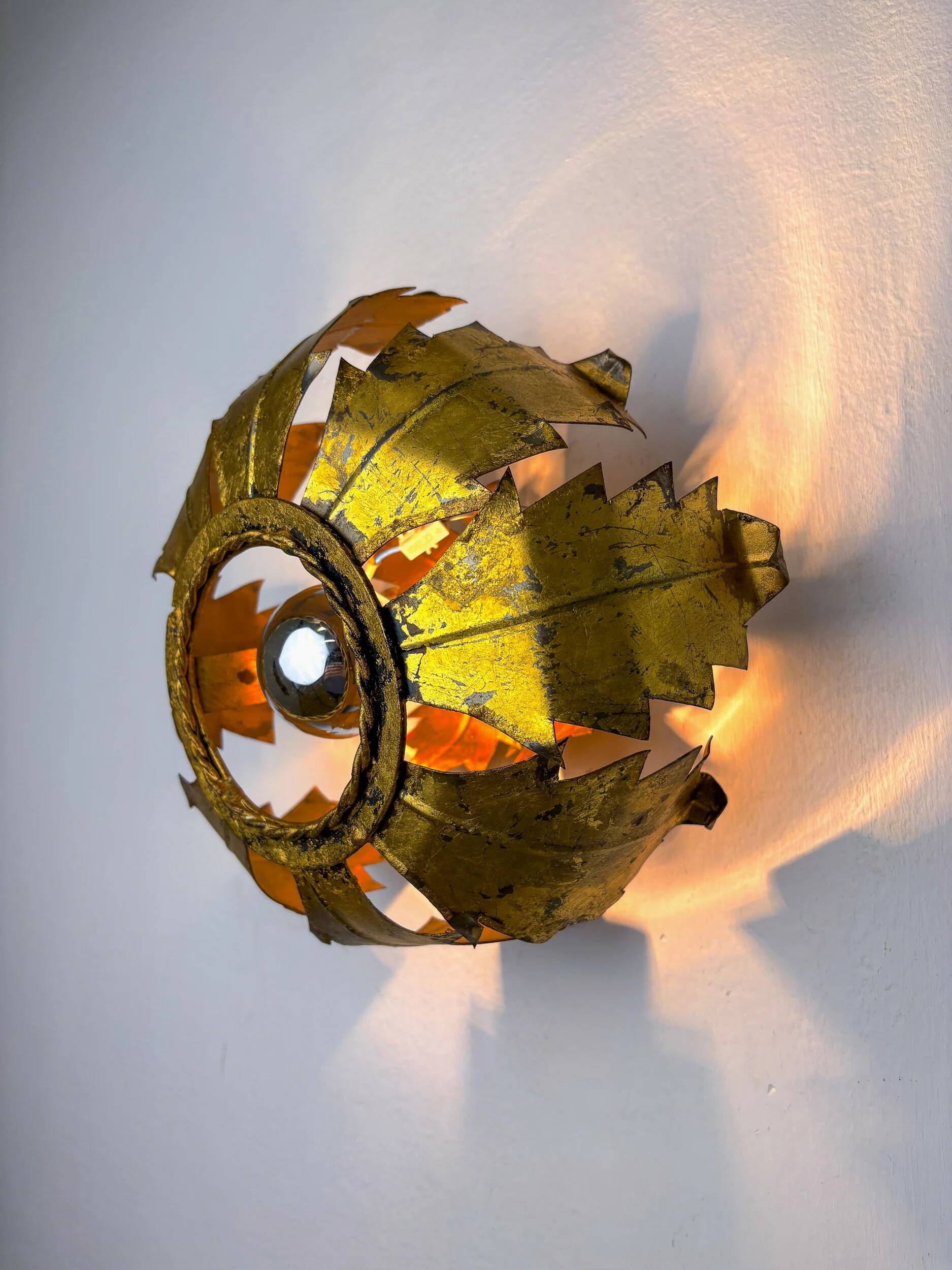 Spanish sunburst ceiling light fixture or sconce in gilt iron, 1970s