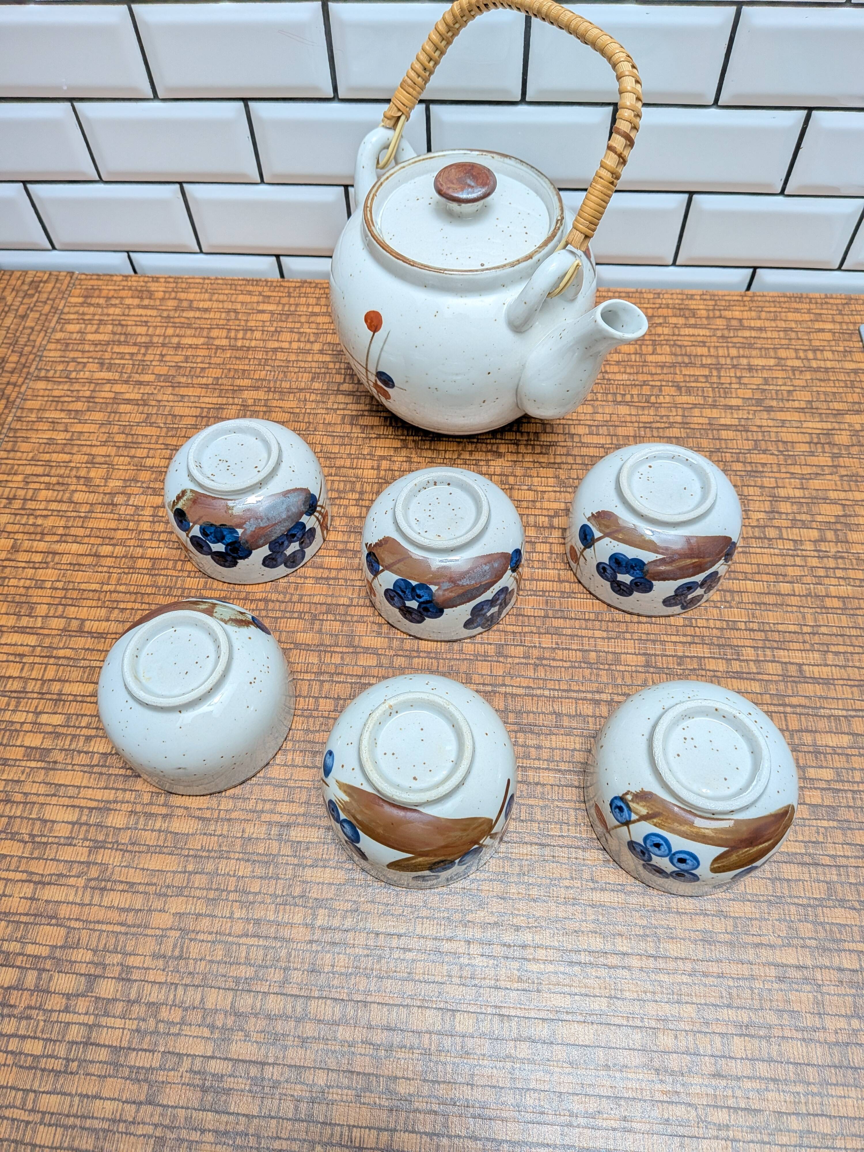 Japanese tea service stoneware bamboo teapot 6 cups 70s hand-painted blueberry