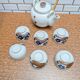 Japanese tea service stoneware bamboo teapot 6 cups 70s hand-painted blueberry