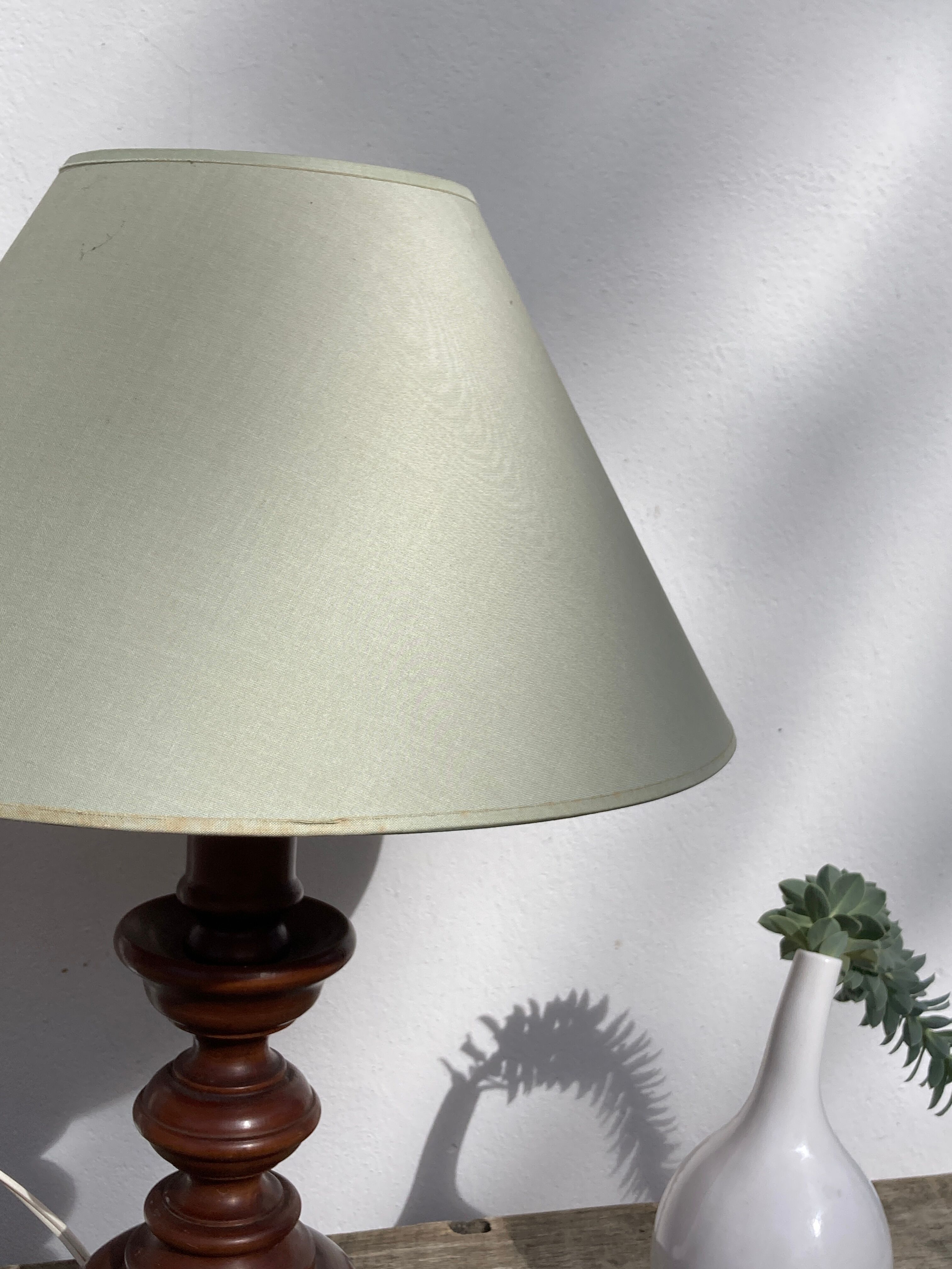 Turned wooden lamp old bluish gray lampshade