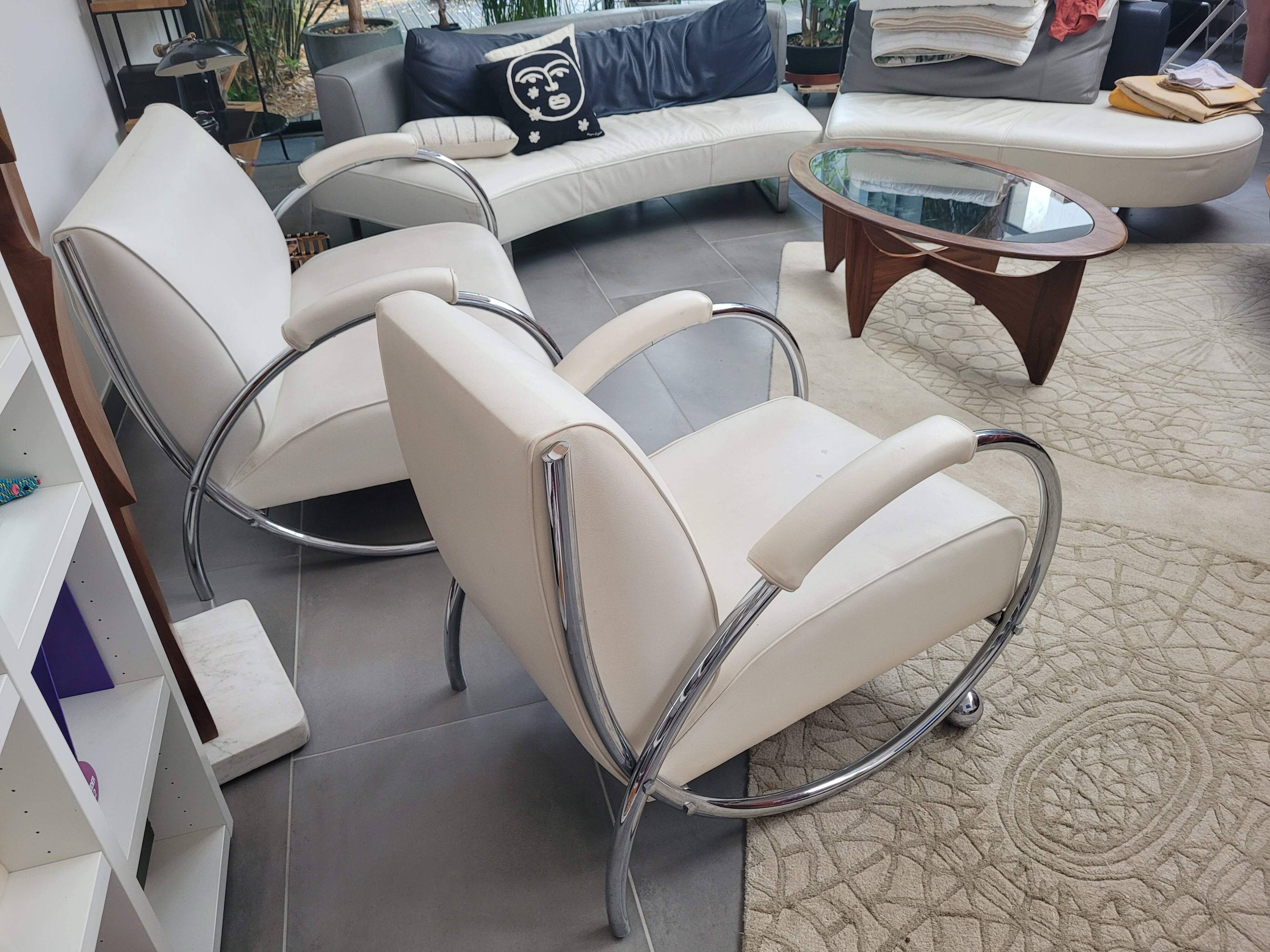 Sofa and armchair with chrome tubular structure modernist style