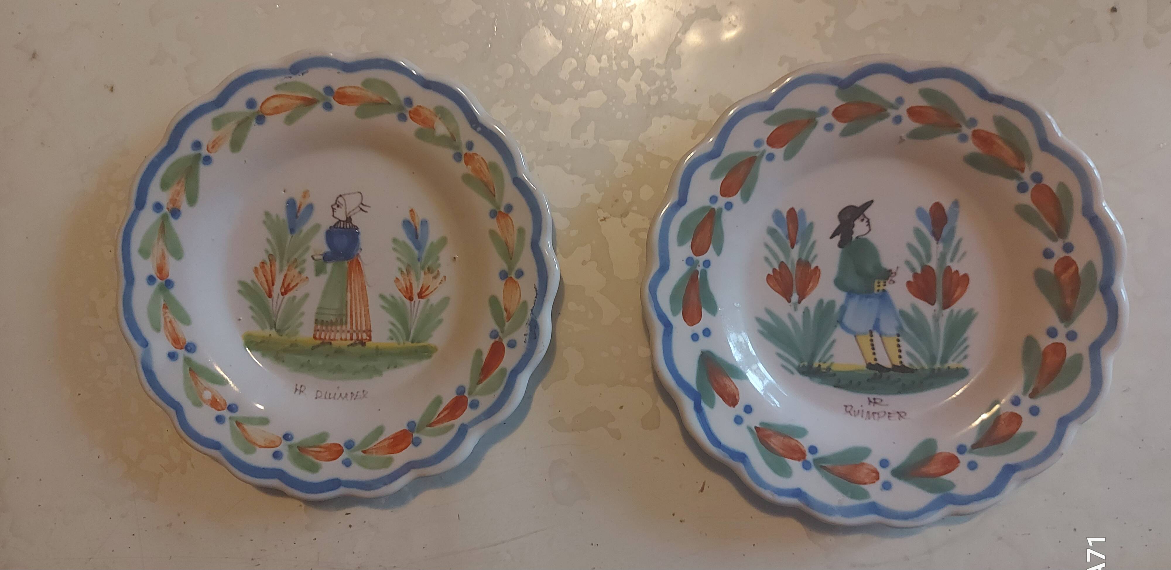 Two antique bowls signed HR from Quimper.