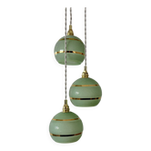 Suspension triples globes vintage en verre granité vert et or