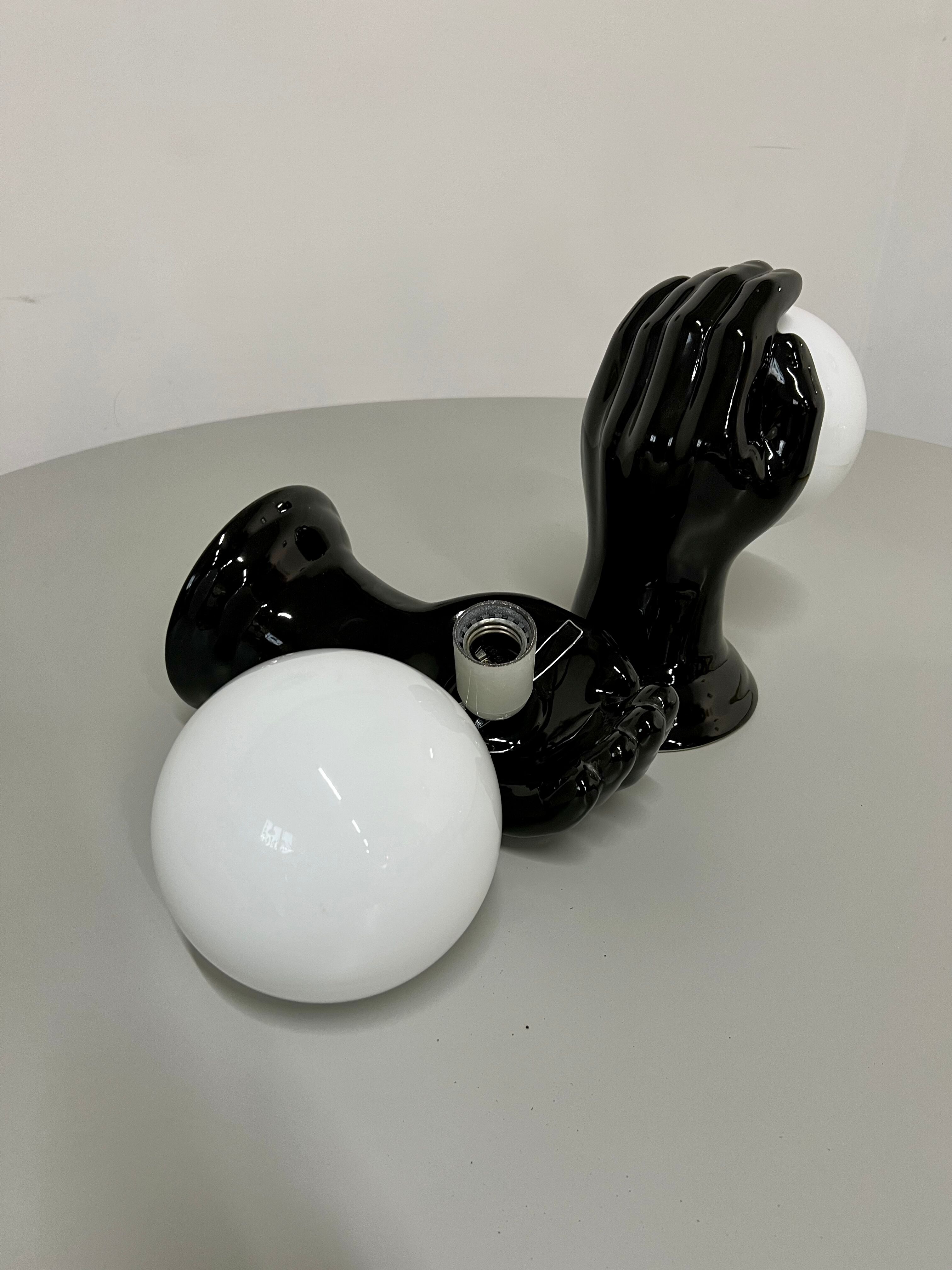 2 black ceramic hand lamps from the 70s / vintage and opaline lamp