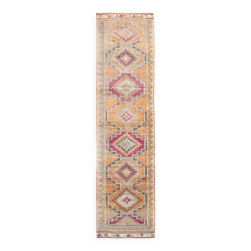 3x12 Vintage Red Orange Turkish Runner Rug, Handmade Wool Carpet, 86x352Cm