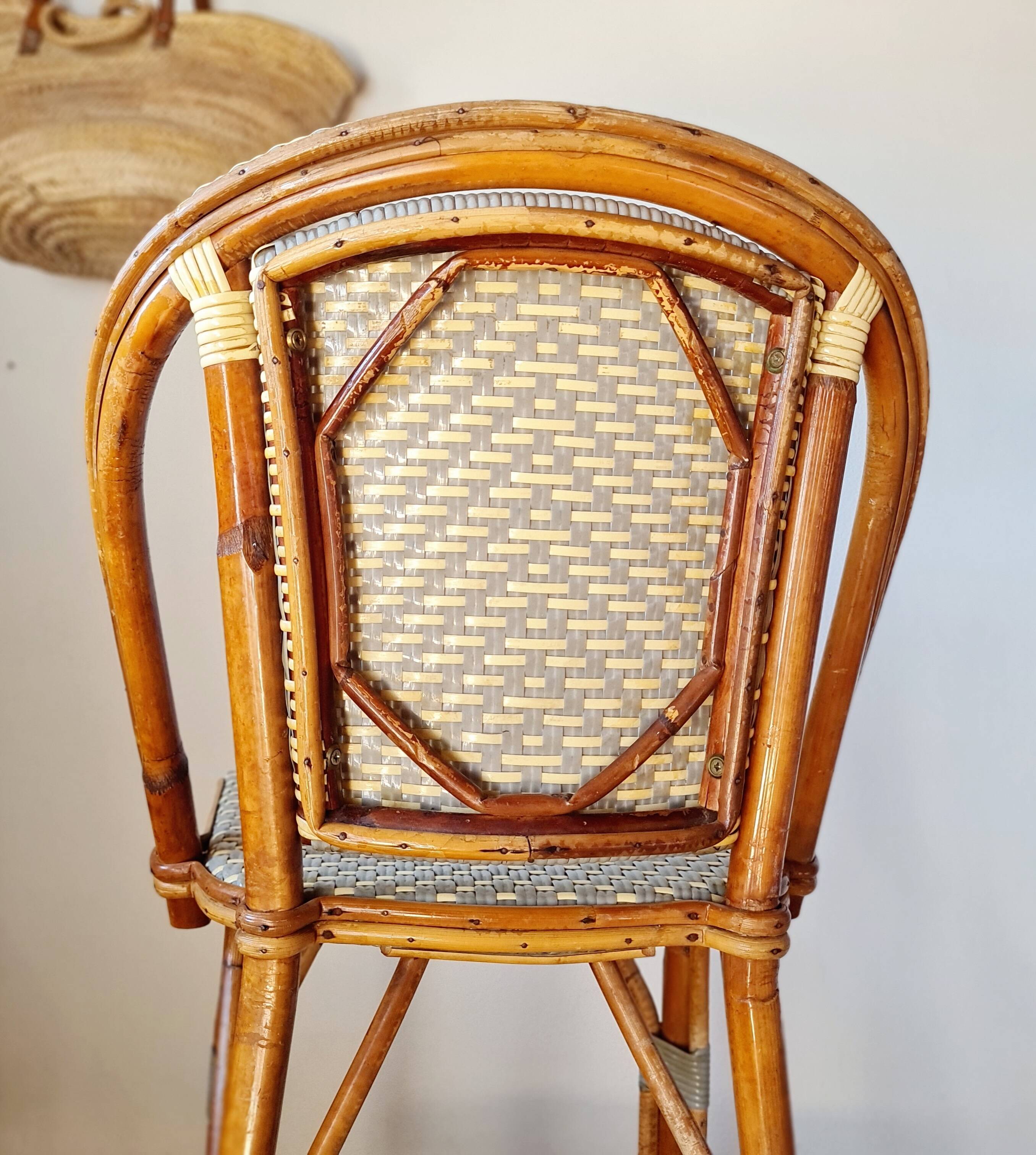 Vintage Gaty bar stools in two-tone rattan and caning.