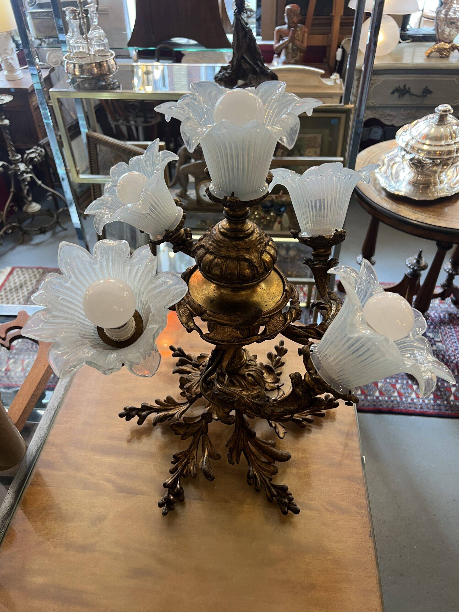 Solid bronze chandelier with moving arms, 19th century, opalescent tulips