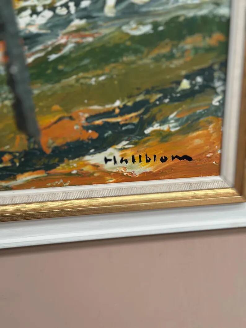Large Original Swedish Oil on Panel – “Landscape with Houses and Trees” by Stig Hallblom – Signed – Vintage & Framed 90×59.5cm (35.4"×23.4")