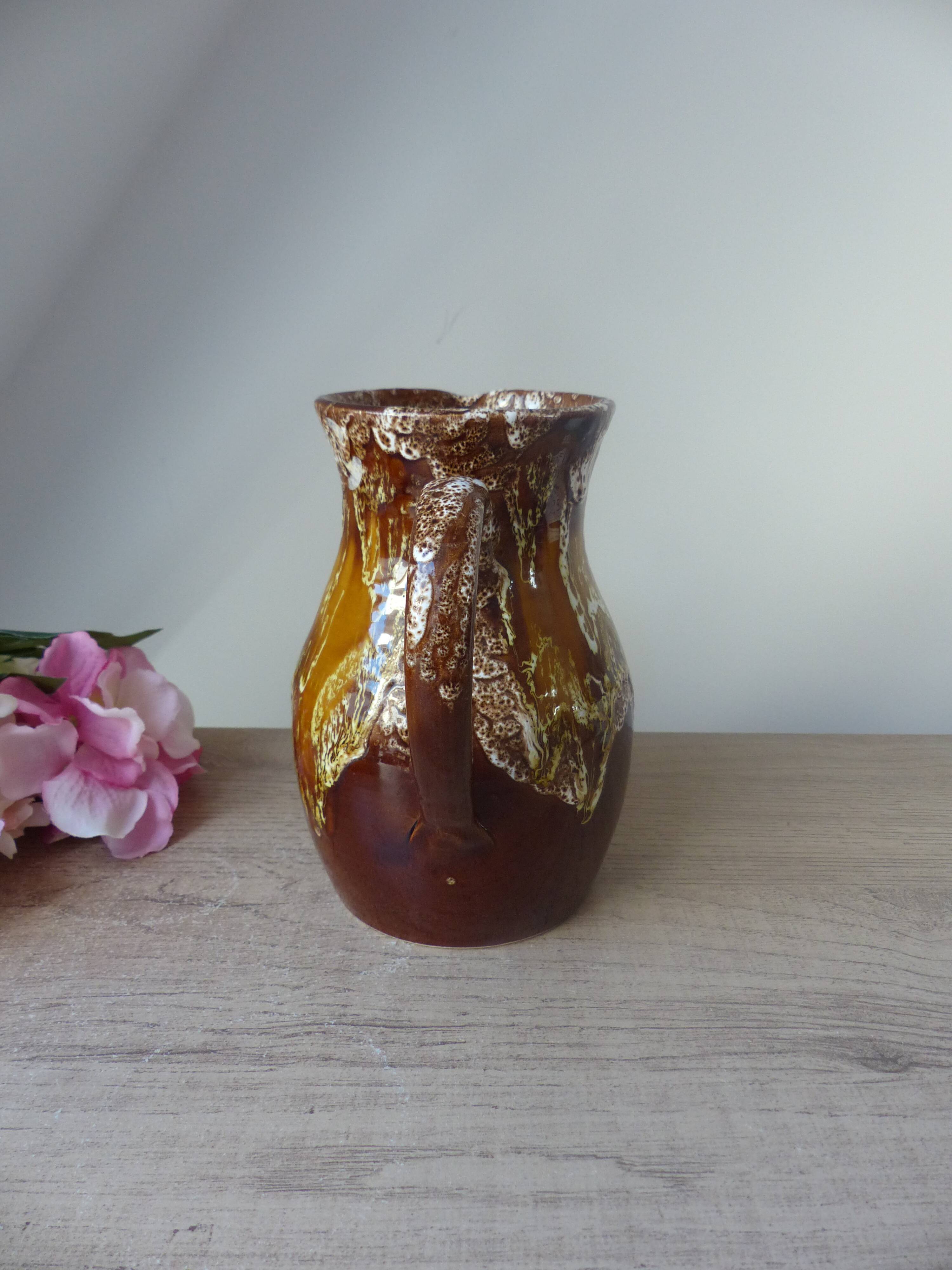 Old brown ceramic water jug pitcher, rustic country house pitcher 1970s