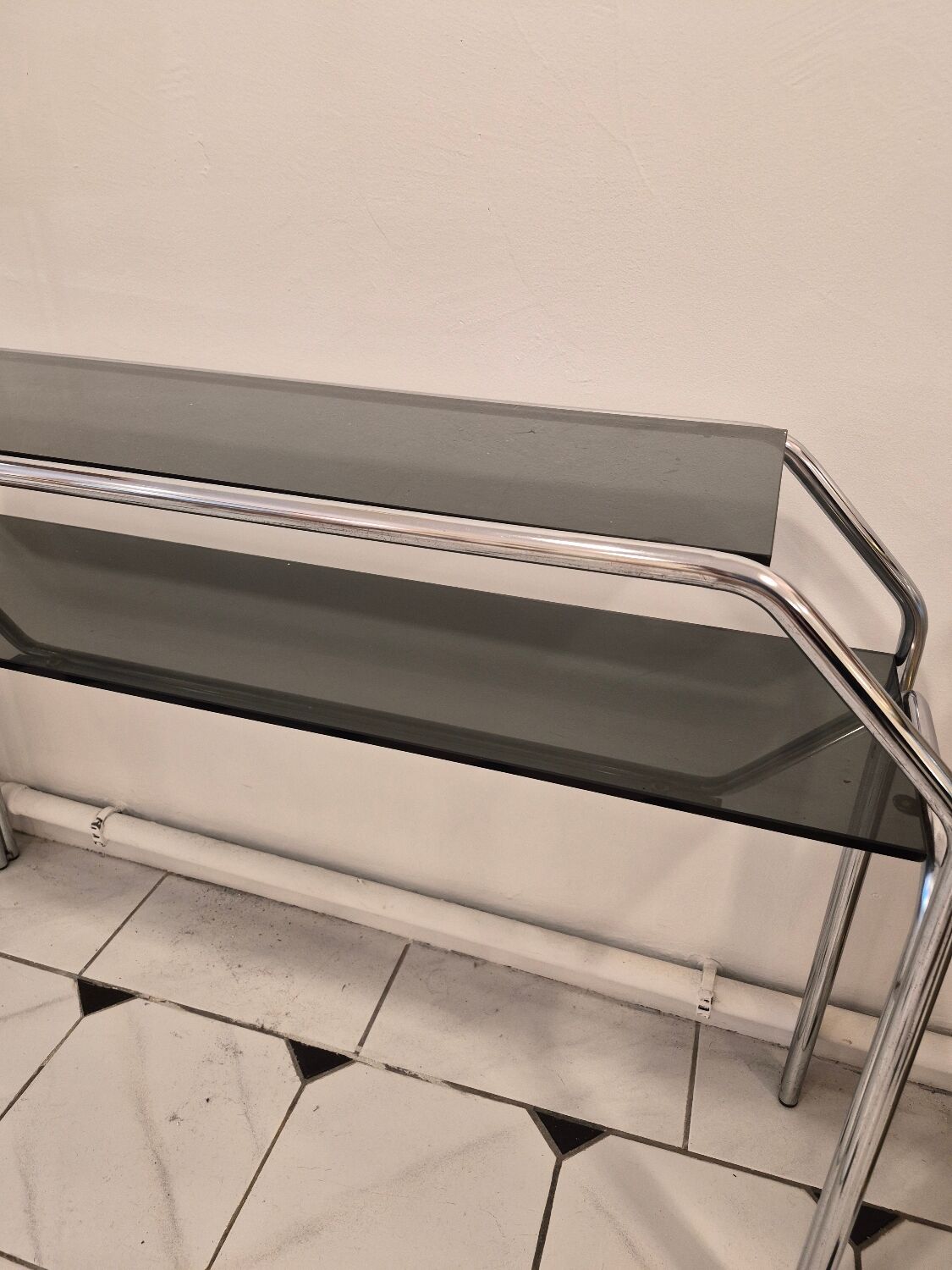 Vintage console en verre fumé et chrome