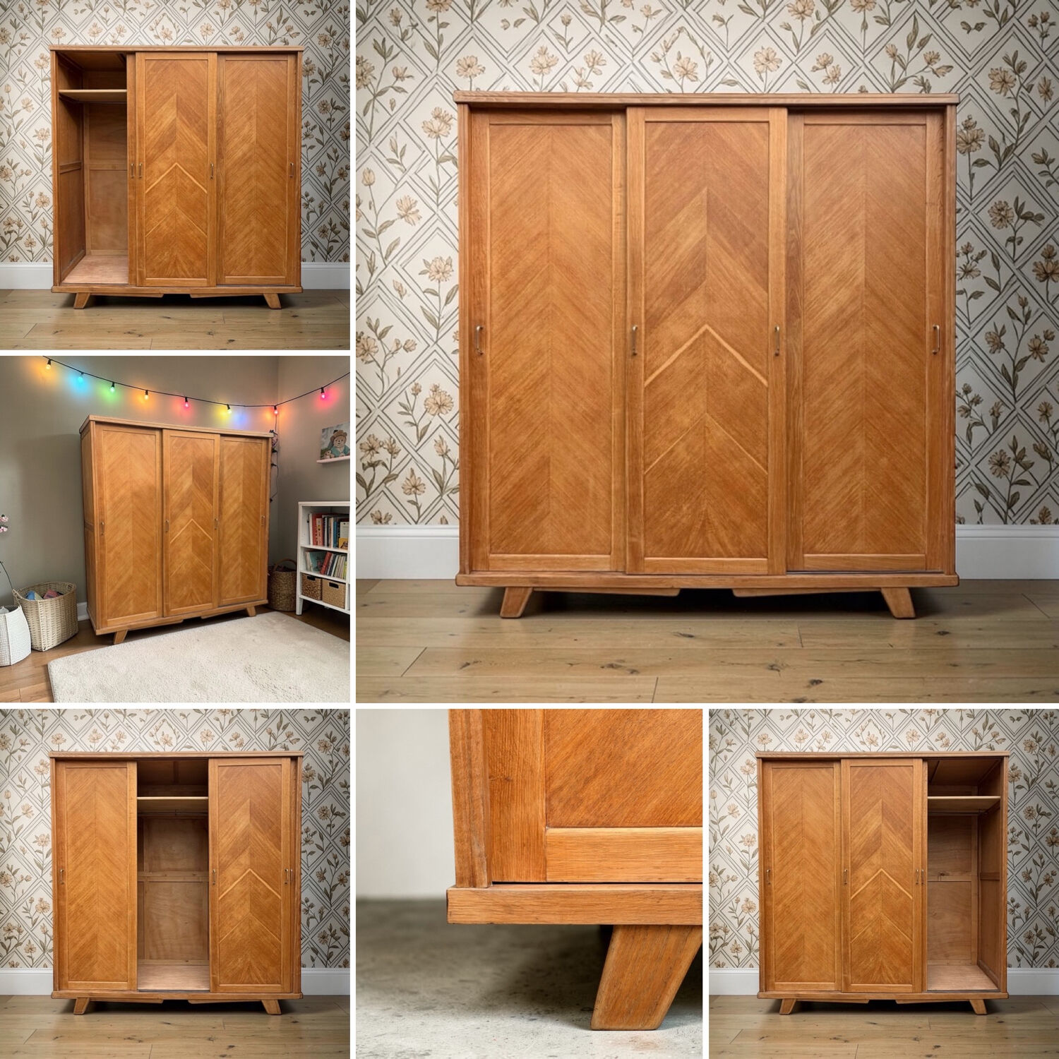 Armoire parisienne penderie porte coulissante chêne brut massif 1960